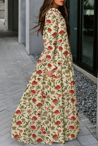 Image of BLENCOT Womens Casual Boho Floral Printed V Neck Long Sleeve Long Maxi Dress Spring Summer Dresses