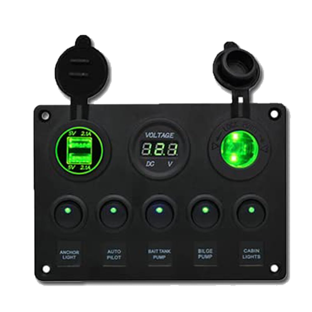Riloer 5 Gang Rocker Switch Panel Display Dual USB Charger Port DC, Toggle LED Switch Panel Digital Voltmeter, Waterproof for 12-24V Vehicles Truck Marine RV Boat Car, Green Light