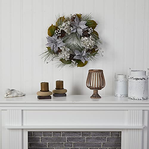 24In. Silver Poinsettia, Hydrangea And Pinecones Artificial Christmas Wreath #TOP3