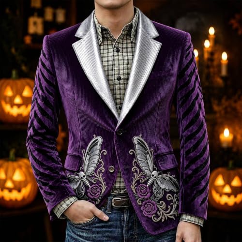 Men Halloween Gothic Corduroy Blazer Butterfly Skull Printed Jacket - image 3