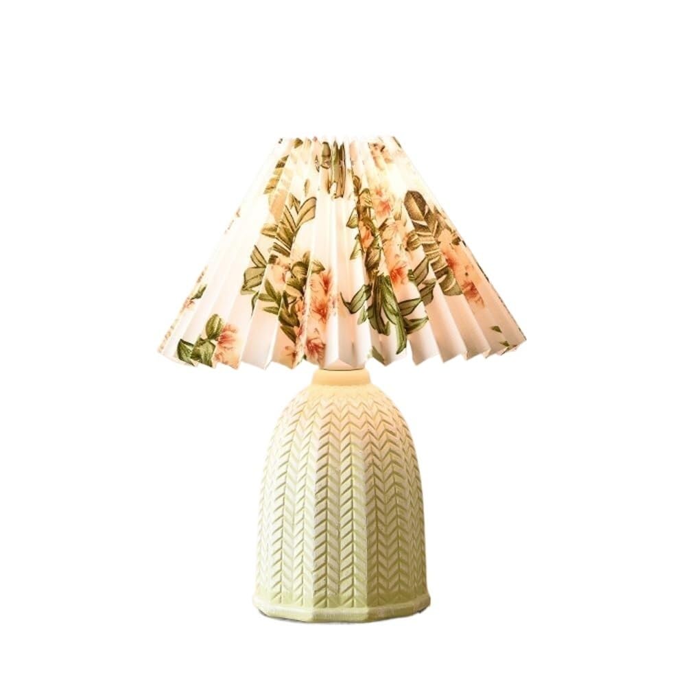 LYOUAE Nordic Green Ceramic Table Lamp French Romance Small Nightstand End Desk Light with Cloth Pleated Shade(Floral)