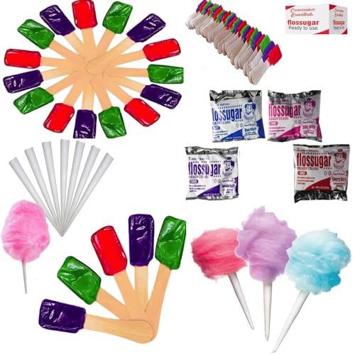 Concession Essentials Cotton Candy Kit, 100 Cones, 4 Flavored Sugars, 54 Flavor Spoons