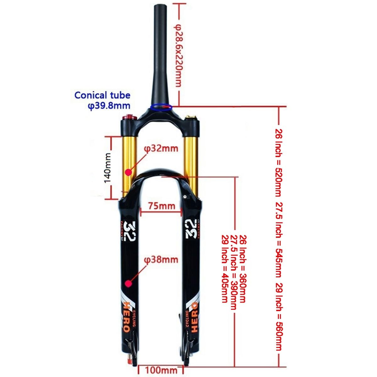 Horquilla de suspensión Ultraligera para Bicicletas de montaña de 26, 27,5 y 29 Pulgadas, Fabricada en aleación de magnesio. Horquilla Delantera cónica de 1-1/2", Recorrido de 140