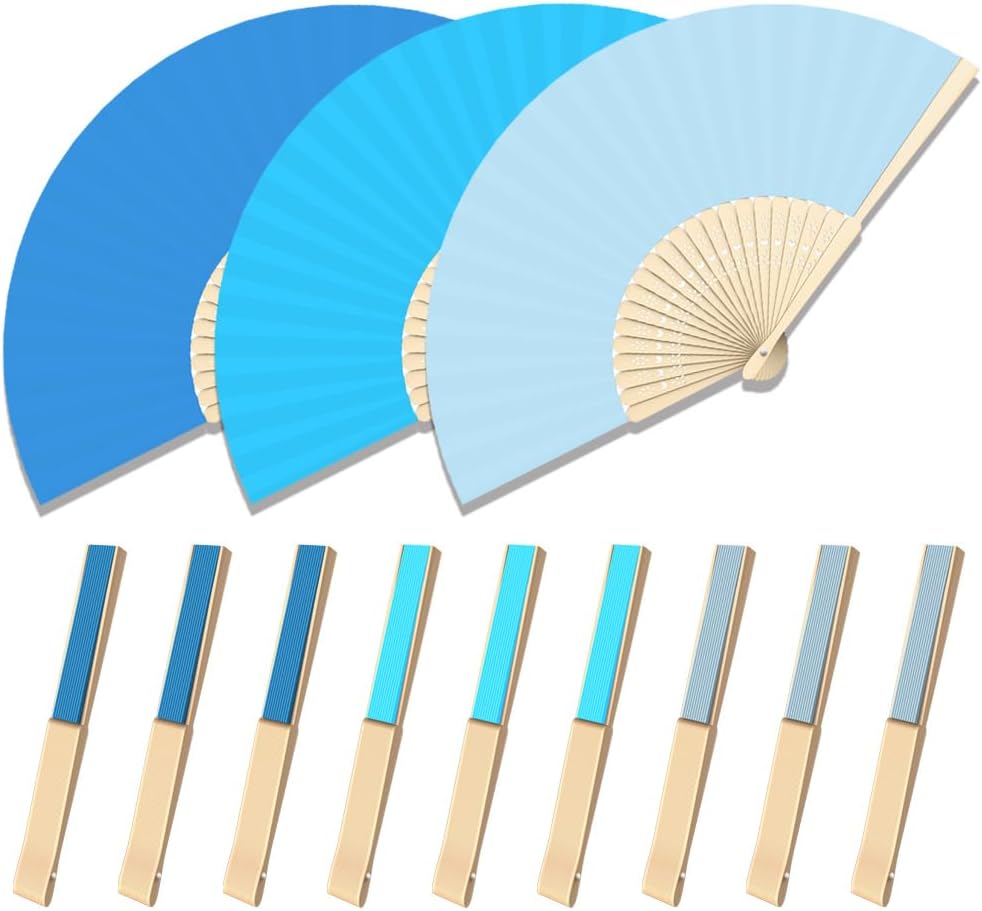 12 Pcs Paper Folding Hand Fan, 8.26 Inch Portable Small Handheld Wedding Fan Bulk for Wedding Guests, Party Favors, Bridal Baby Shower Decorations, 3BlueShades (No Clacking)