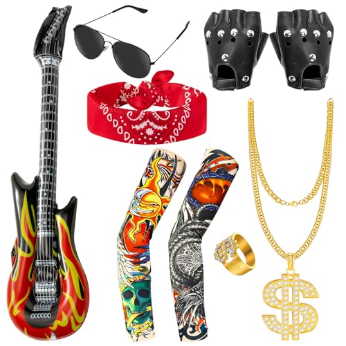 YINGENIVA Costume punk gothique rockeur, 7 pièces, pour enfant, avec guitares aériennes à gonfler et manchettes de tatouage, déguisement pour fête disco...
