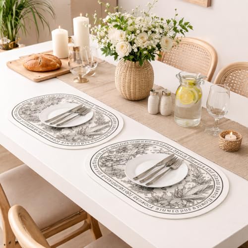 Image of Yelona White Oval Leather Placemat | Waterproof, Heat Resistant | Easy Clean Dining Table Mat Faux Leather Vintage Floral Print (Dense Forest, Pack of 2)
