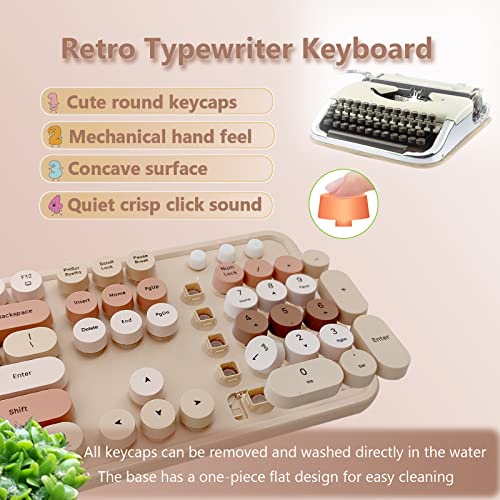 Image of Wireless Keyboard and Mouse Combo, Ergonomic Cute Retro Typewriter Full Size Colorful USB Cordless Keyboard Mouse Set for Gaming and Office (Milk Tea)