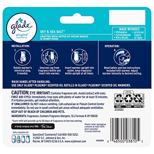 Image of Glade PlugIns Refills Air Freshener, Scented and Essential Oils for Home and Bathroom, Sky & Sea Salt, 3.35 Fl Oz, 5 Count