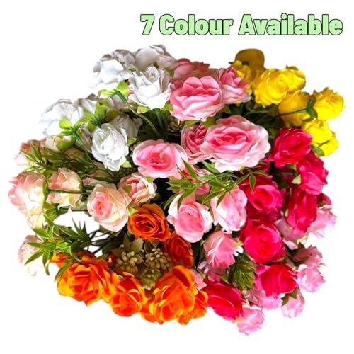 Image of Garden Art Artificial Small Rose Flower Bunch (Pack of 1) | 5 Heads with 15 Flowers & Buds, 35 cm Faux Rose Bouquet for Home Decor, Wedding & Table Decoration (Rose Pink)
