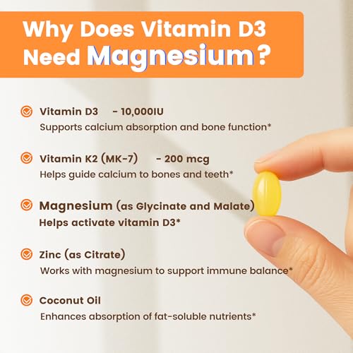 VEV Corefeel Vitamin D3 K2 10,000 IU Magnesium Supplement – with Vitamin D and K (MK-7), Magnesium Glycinate & Malate, Zinc Citrate – 300 Softgels for Energy, Bone & Muscle Support