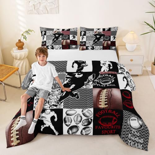 Image of Feelyou Football Comforter Set King Size Sports Geometric Black Patchwork Bedding Set for Kids Boys Girls Rugby Gaming Sports Duvet Quilt Bedroom Decor Microfiber 3 Pcs with 2 Pillow Cases