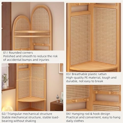 Freestanding Boho Coat Rack with Hooks - Rattan Floor Stand for Entryway, Living Room & Hallway - Space-Saving 90° Corner Design - Durable Black Finish (2 Hooks)