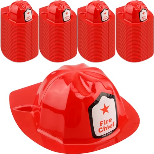 Cotiny 100 Pack Kids Firefighter Hats Children Fire Helmet Fireman Cosplay Hats for Dress up Firefighter Halloween Costume