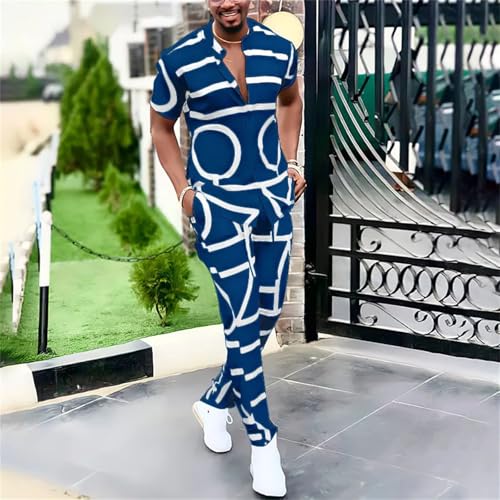 Men’s Printed Casual Suit Set Short Sleeve Stand Collar Shirt & Pants Summer4