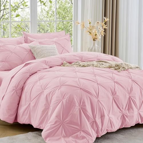 Image of Sasttie Full Size Comforter Set, 7-Piece Bed in a Bag, Pintuck Bedding Set for All Season, Includes Comforter, Flat Sheet, Fitted Sheet, Pillowcases and Pillowshams, Baby Pink