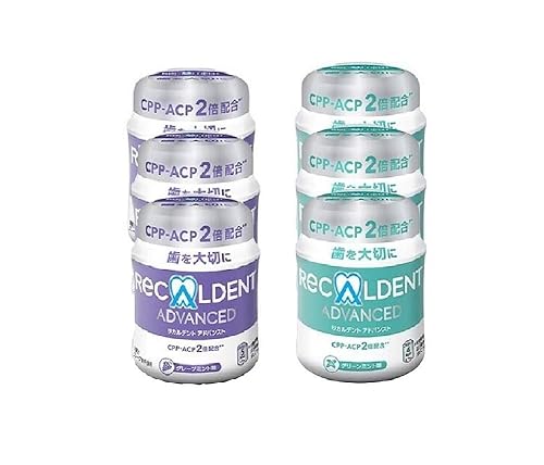 Recaldent Tipo de tarro de goma de mascar de 4.94 oz, 6 frascos (3 tarros de menta verde + 3 tarros de menta uva)