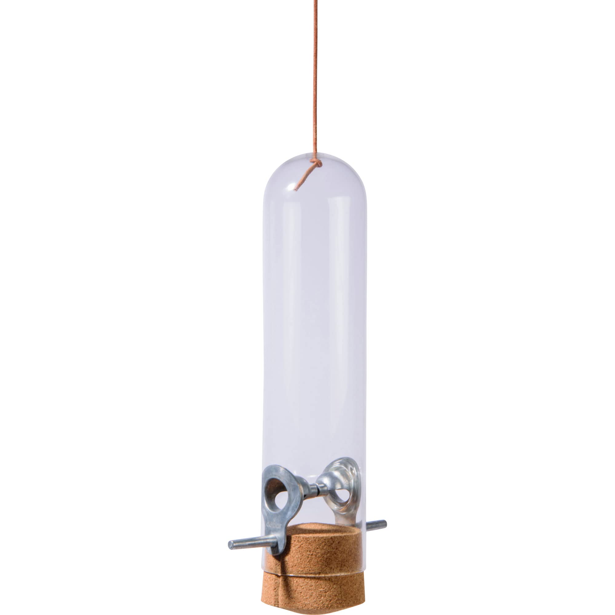dobar® Premium Design Vogelfuttersäule Echtglas-Pickbar - Futterspender zum Hängen - Wildvogelfutterautomat mit Lederkordel - Futterstation für Wildvögel - Ø 9 x 33 cm - Transparent