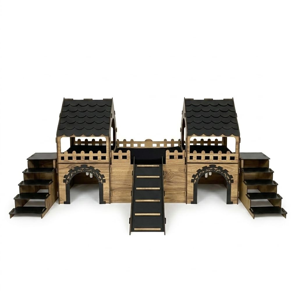Kaninchenburg mit 2 Etagen, XXL Kaninchenhaus aus Holz mit Rampe & Treppen, Großer Spielturm & Versteck für Zwergkaninchen, Meerschweinchen & Hasen, Indoor Nagerhaus aus Naturholz (Eiche-Schwarz)