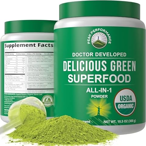Peak Performance Organic Greens Superfood Powder. Best Tasting Super Greens Powder with 25+ Organic Ingredients for Max Energy and Athletic Performance. Vegan Keto Green Juice Daily Drink Cover