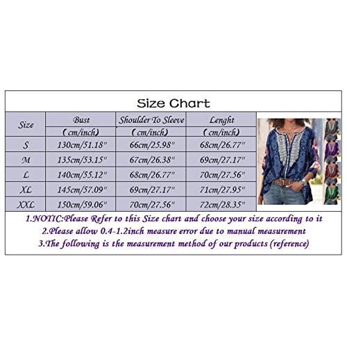 Women's Boho Print Long Sleeve Round Neck Button Casual Shirt Blouse Tops Female Tops Shirt Blouse Green #TOP4