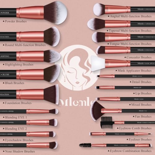 Image of Makeup Brushes Set, Mlemle Professional 25 Pcs Makeup Kit, Include Foundation Powder Blush Concealers Eye shadows 21 Pcs Makeup Brushes and 2 Powder Puff, 2 Makeup Sponge(B01-RoseGold)
