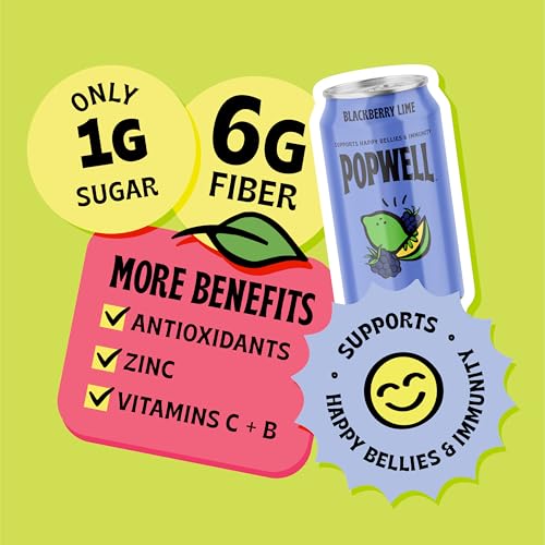 Image of Popwell Blackberry Lime Better-For-You Prebiotic Soda, with 6g Fiber, 1g Sugar, Vitamins and Immunity Support, 12 fl oz Cans (pack of 12)
