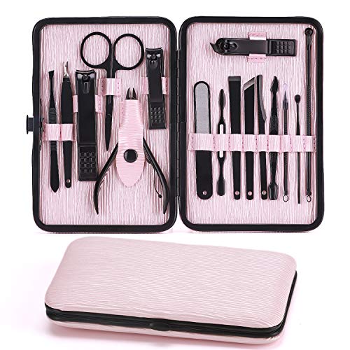 Manicure Set Stainless Steel Set Nail Clippers Nail Kit & Professional Grooming Kit with Leather Travel Case Pink-16 Packs