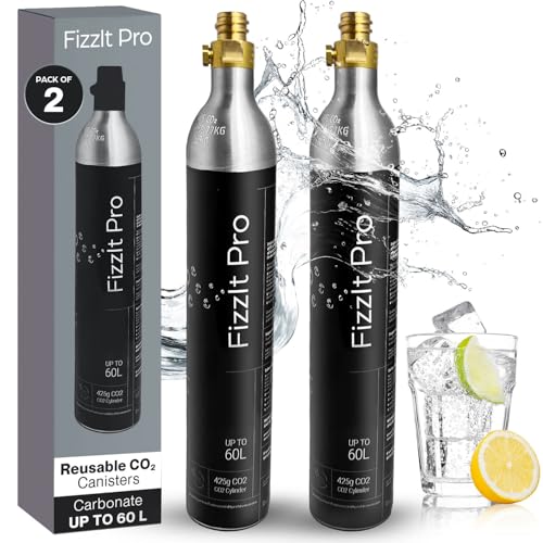FizzIt Pro 425g CO2 Cylinders, Carbonates Up to 120L, Refillable Soda Makers, Fits Most Screw-Type Compatible Models, Efficient Carbonation for Water & Beverages, Compact & Cost-Effective (Pack of 2)