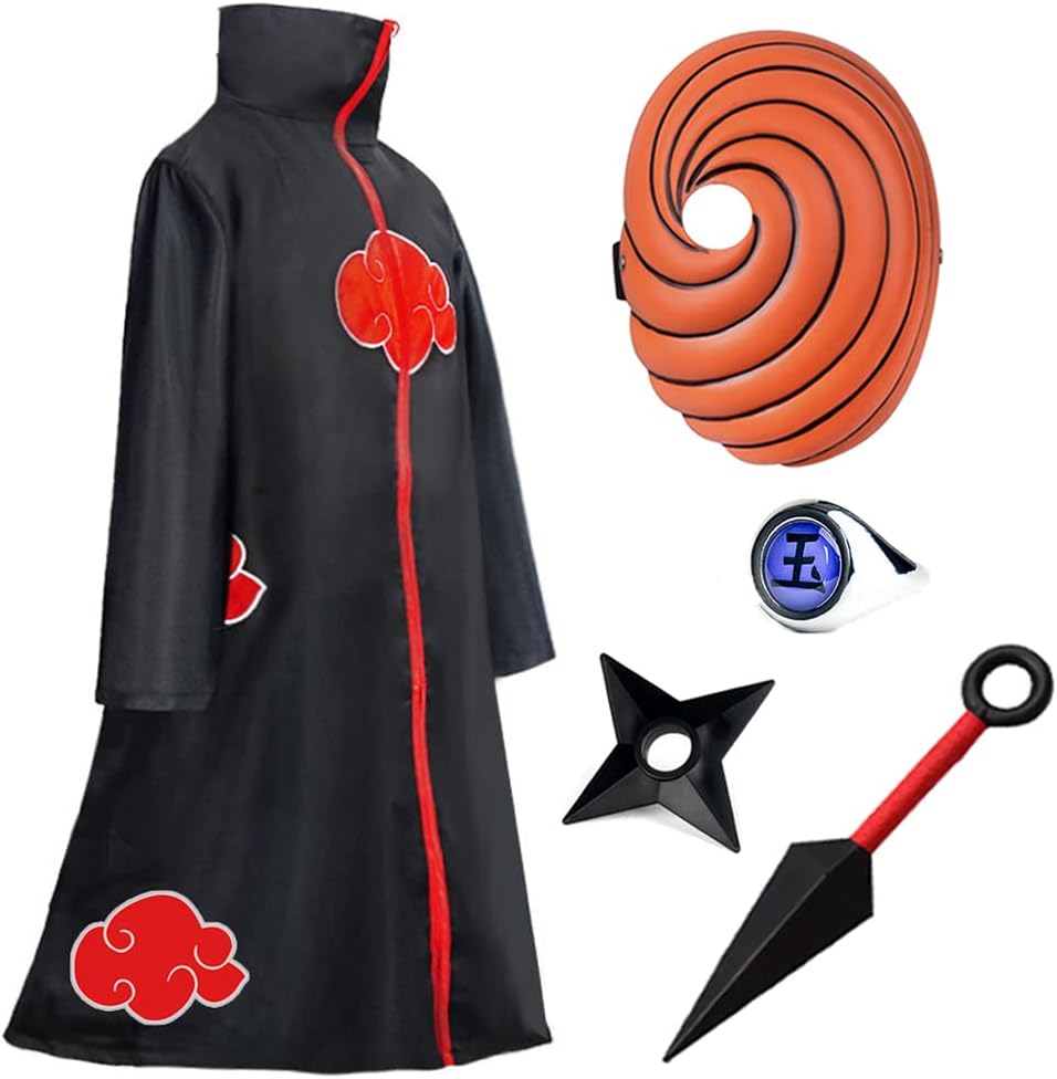 Disfraz de Akatsuki Cosplay para Adultos, 5 pcs Accesorios con Capa de Itachi Uchiha, Máscara, Anillo Yu, Accesorios de Akatsuki, para Carnaval Halloween Fiesta de Disfraces (L)