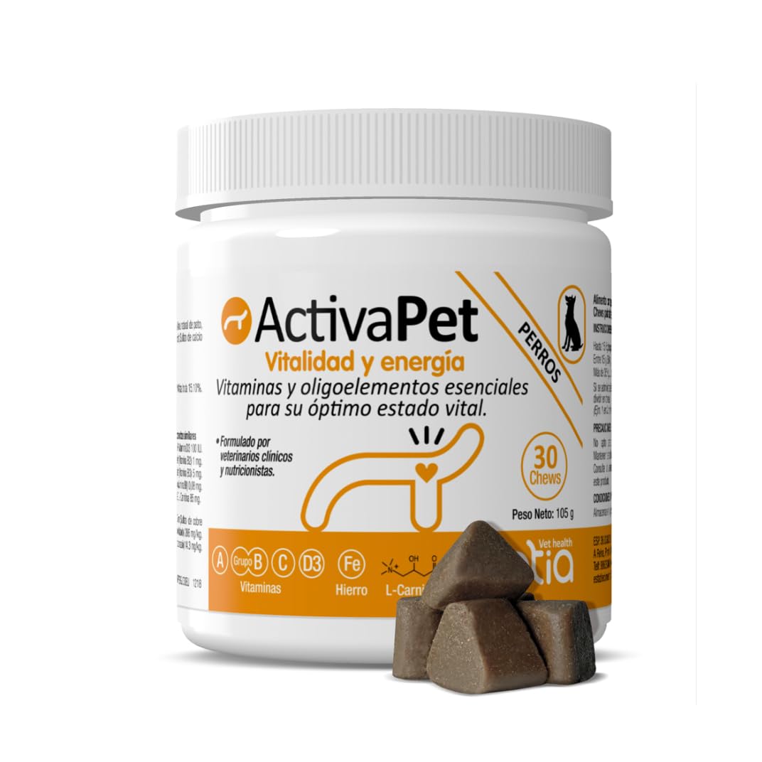 Petia Vet Health - Activapet - Alimento complementario con vitaminas para aportar vitalidad energía a Perros - 1 Bote de 30 Chews