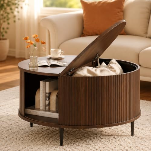 Image of Mid Century Fluted Round Coffee Table for Living Room, Brown | 31.5 inch Modern Coffee Table with Storage, Small Center Table with Flip-Top