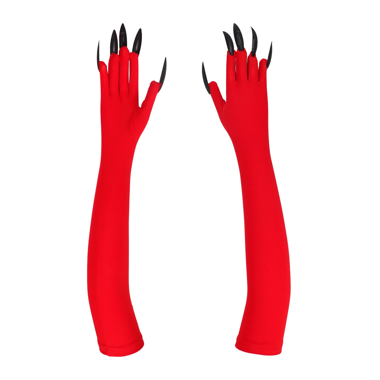 Halloween Long Nail Gloves Animal Claws Fake Nail Costume Glove Demon Witch Fingernail Mitten for Halloween Carnival Cosplay Costume (Red-black nail, one size)