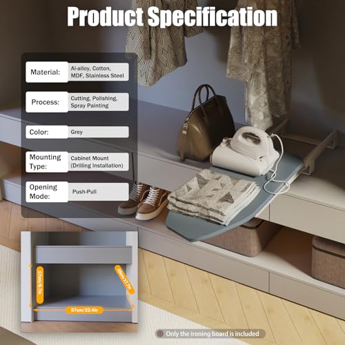 Mudshape Ironing Board Wall Mounted Ironing Board 180° Rotation Extendable in Cabinet Storage Foldable for Home Wardrobe and Laundry Room Approx. 81 x 31 x 15 cm Grey - Image 4