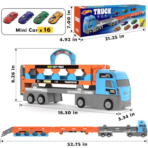 gearvibe 2-in-1 Race Truck Car Toys for 3-8 Years Old Boys Girls, Trucks for Toddlers 2-4 Years Foldable Transport Car Toys with 2 Foldable Tracks 16 Race Cars, Birthday Gifts Children's Day for Kids — view 3