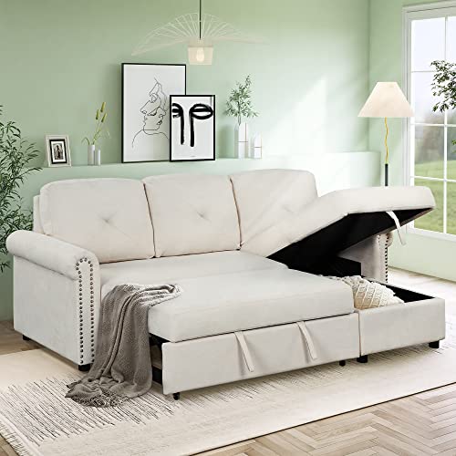 Polibi 83" Convertible Pull-Out Sleeper Sofa Bed W/Storage Chaise Lounge, L-Shape 3-Seat Linen Corner Sofa Couch With Button Tufted Design And Copper Nailhead Trim (Beige) #TOP7