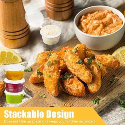 ADERTOS 100 PCS Sauce Pots with Lids, 50ml/2oz Hinged Sauce Cups Round Food Container Pots Clear Small Deli Pot Reusable Jelly Shot Cups Plastic Leakproof Food Cups Takeaways Containers for Chutney