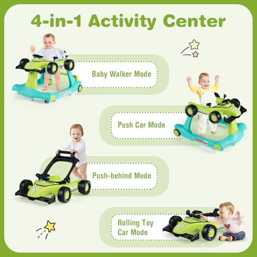 Image of GLACER Foldable Baby Walker, 4-in-1 Infant Walker with Adjustable Height & Speed, Music, Light, Steering Wheel & Washable Cushion, Baby Walker Activity Center for Boys Girls 6 -18 Months (Green)