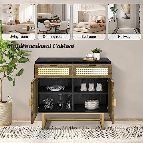 Hulala Home Modern Storage Cabinet With Metal Legs, Farmhouse Accent Cabinet With Drawers & Adjustable Shelves, Wood Sideboard Cabinet For Living Room Bedroom Kitchen Hallway, Black #TOP6