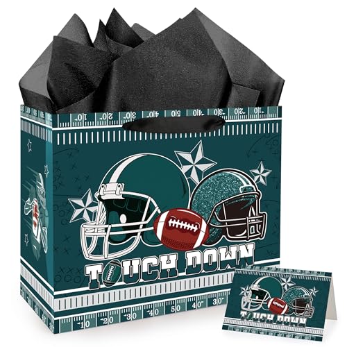 FodeMoraka Football Party Favos Bags - 5 Pcs Green Eagle Birthday Decorations Treat Goodie Candy Wrapping Bag with Handles Tissue Paper Greeting Card Rugby Sports Gift Supplies for Boys Men Game Day