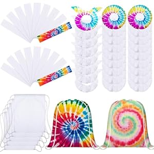 Abbylike 48 Pcs Tie Dye Party Supplies Includes 12 Cotton Drawstring Backpacks 12 White Scrunchies 12 Bow Hair Ties 12 Elastic Headbands, White Cotton Hair Accessories for Women DIY Tie Dye