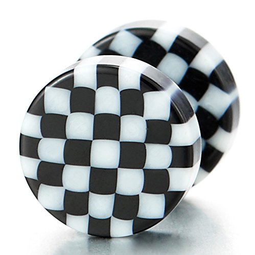 Black White Checker 8mm Circle Screw Stud Earrings for Men Women, Cheater Fake Ear Plug Gauge Tunnel2
