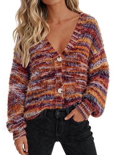 PRETTYGARDEN Womens Cardigan Sweaters Fall Fashion 2026 Striped Long Sleeve Button V Neck Knit Fuzzy Outerwear Winter Clothes (Burnt Orange,Large)