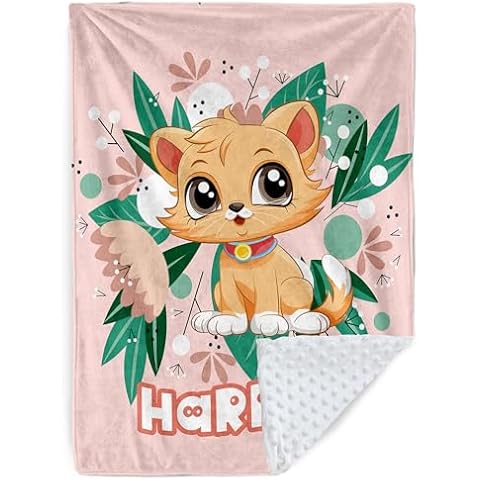 Personalized Boys Girls Blankets,Custom Name Animals Swaddle Blankets for Babies Newborn Toddler, Double Layered Lovely Cat Cotton Blanket, Soft Baby Receiving Blanket for Cats Lovers Gifts Kids Cover