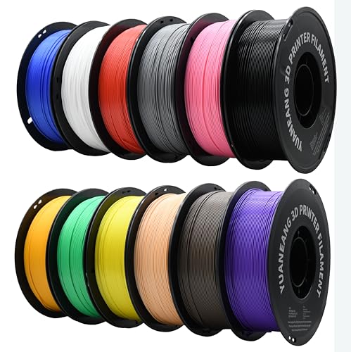 YUANEANG PLA 3D Printer Filament 12 Rolls Dimensional Accuracy +/- 0.02 mm 12KG PLA Bundle 1.75 mm Black White Grey Green Red Blue Brown Yellow Purple Skin Pink Orange