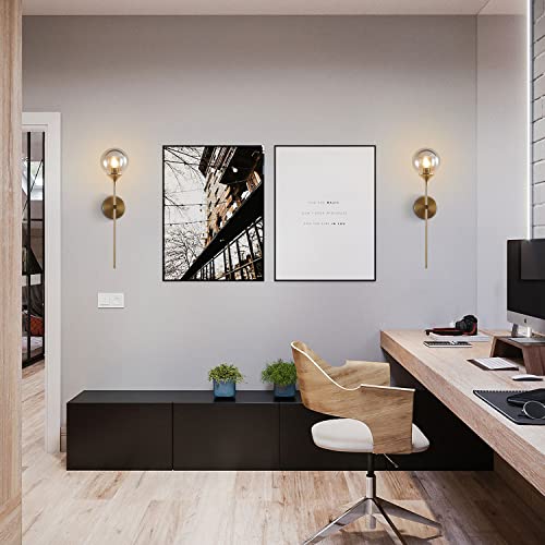 Image of KCO Mid-Century Modern Wall Mounted Sconces Set of 2 Smoke Gray Glass Globe Wall Lamps with Long Arm Industrial Gold Wall Lights Fixture for Bedroom Bedside Stairway Hallway