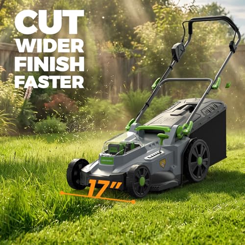 Image of 17 inch Cordless Lawn Mower, 40V Electric Lawnmower for Garden /Patio /Yard /Lawn | 2 x 20V 4.0Ah Battery, 17 inch Cutting Width, 6 Adjustable Height, 50L Grass Bag, Bagging Mode&Mulching Mode