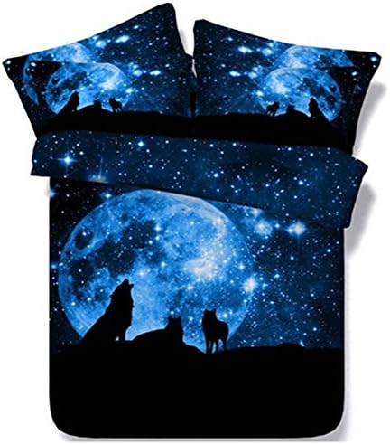 ENCOFT Galloping Horse Reactive Print Polyester 3D Duvet Cover Bedding Sets Queen Size 4 Pieces(Comforter Not Included) (Queen, Moon Wolf)