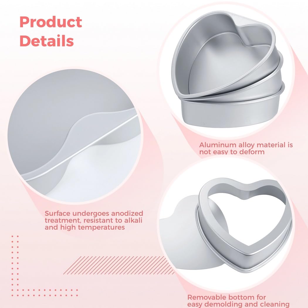 Paquete de 3 moldes para tartas en forma de corazón, moldes para hornear de 10 pulgadas con parte inferior extraíble, aleación de aluminio antiadherente, perfectos para bodas, cumpleaños y día de San