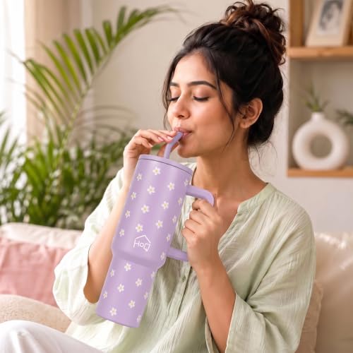Image of House of Quirk 1200ML Stainless Steel Tumbler with Handle & Lid, 2 Straws - Large Travel Mug Water Cup for Gym, Office & Outdoor Use (Lavender Daisy)