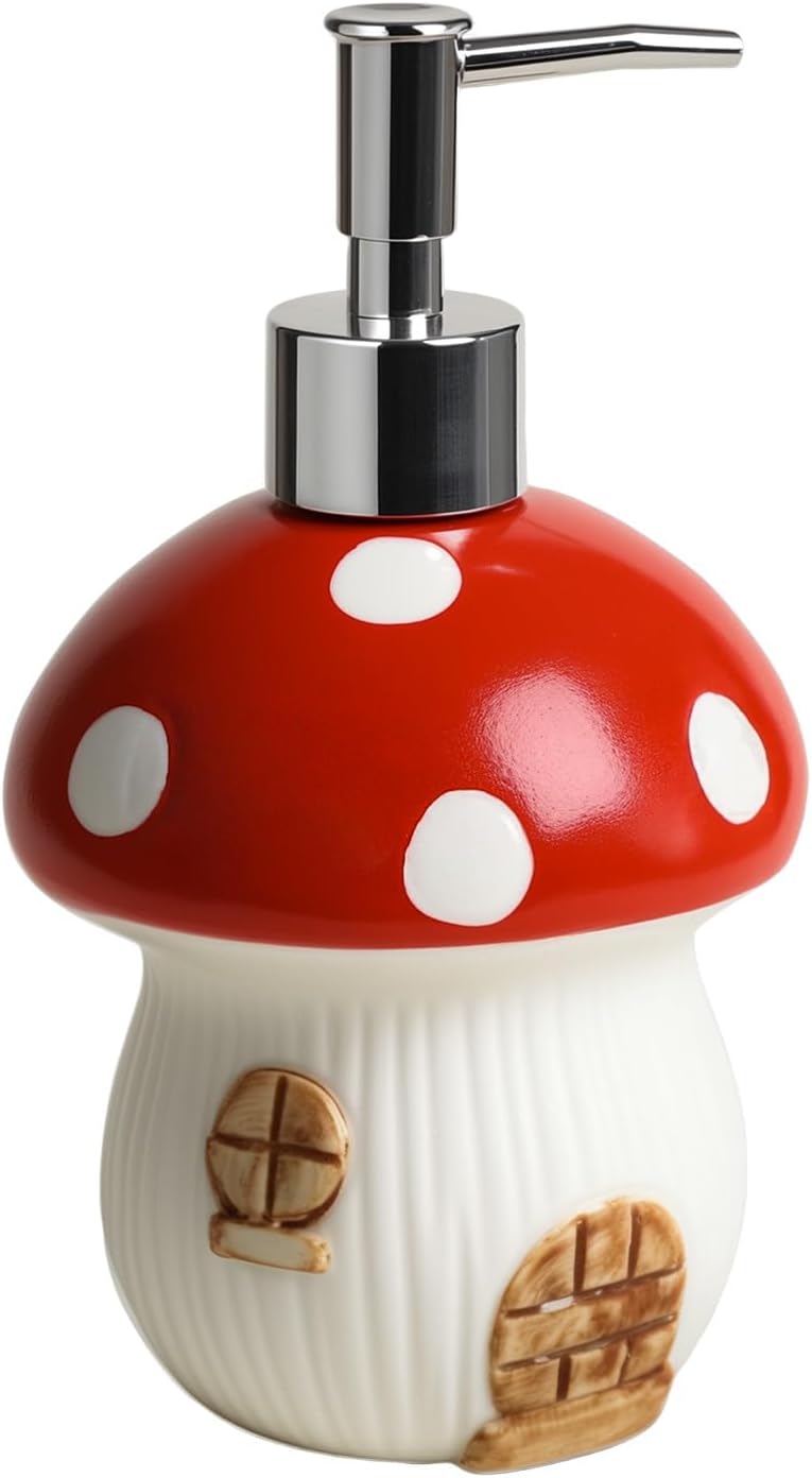 Gaolinci 15 Oz Ceramic Hand Soap Dispenser, Liquid Soap Dispenser for Bathroom with Leak Proof Pump-Red Mushroom